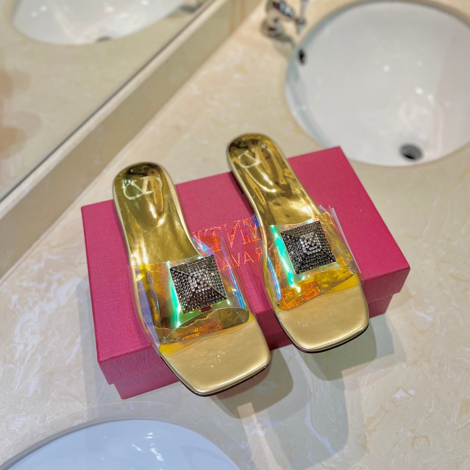 VALENTINO 26S FLAT SLIDES IN GOLD LAMBSKIN WITH CRYSTAL STYLE 3