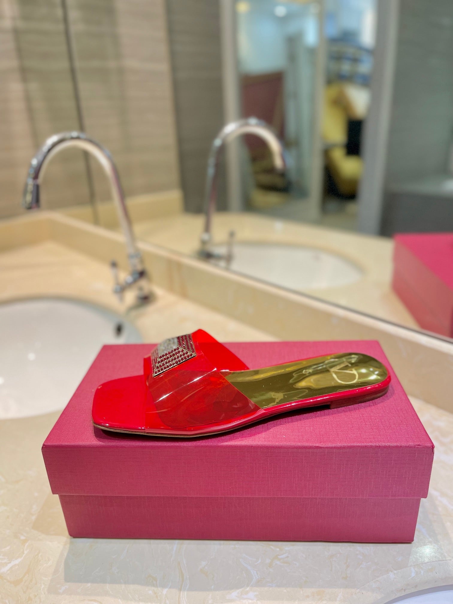 VALENTINO 26S FLAT SLIDES IN RED MIX GOLD LAMBSKIN WITH CRYSTAL