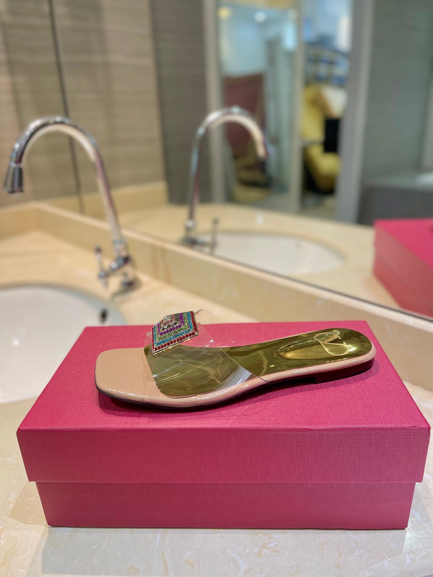 VALENTINO 26S FLAT SLIDES IN NUDE MIX GOLD LAMBSKIN WITH CRYSTAL