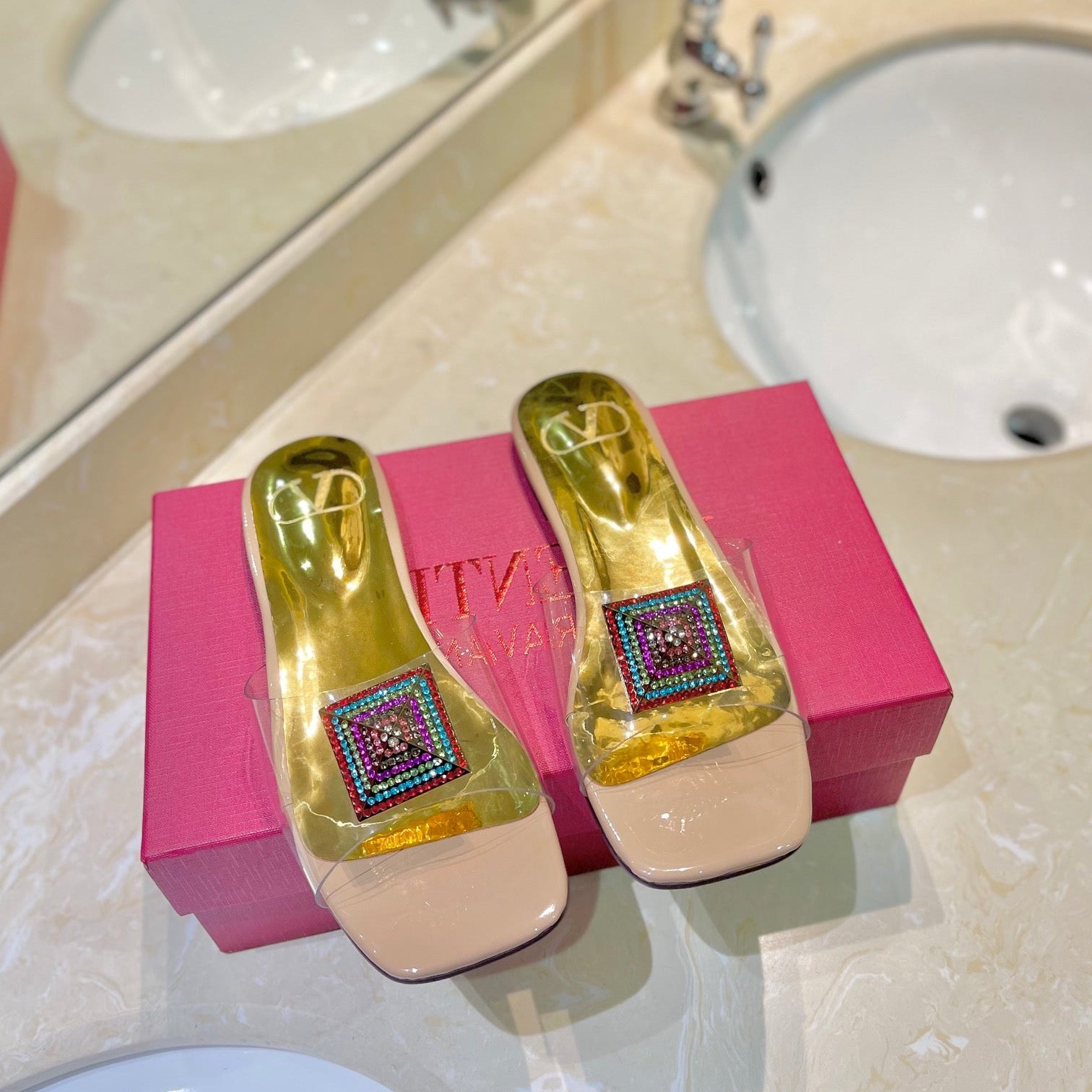 VALENTINO 26S FLAT SLIDES IN NUDE MIX GOLD LAMBSKIN WITH CRYSTAL