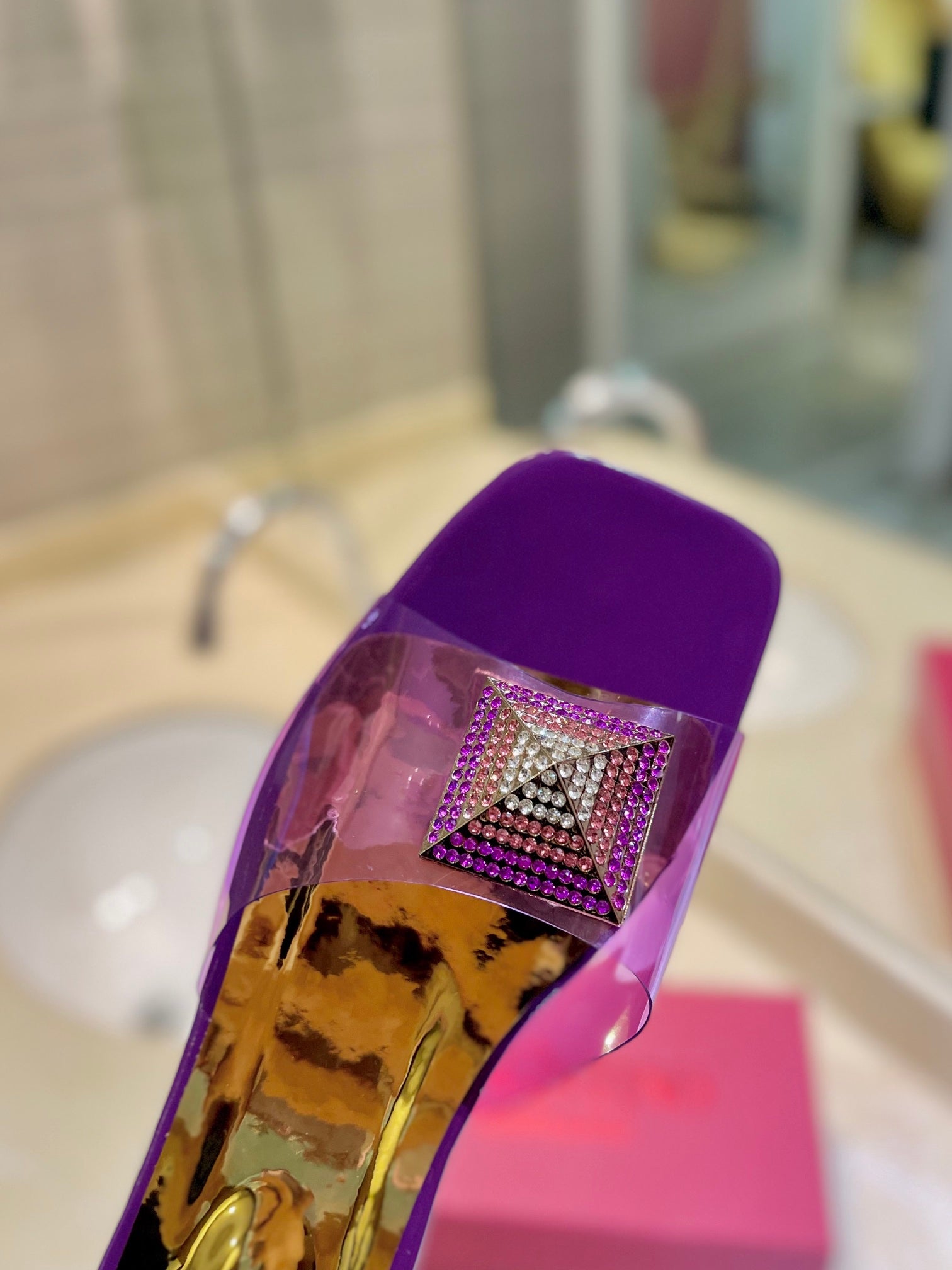 VALENTINO 26S FLAT SLIDES IN PURPLE MIX GOLD LAMBSKIN WITH CRYSTAL
