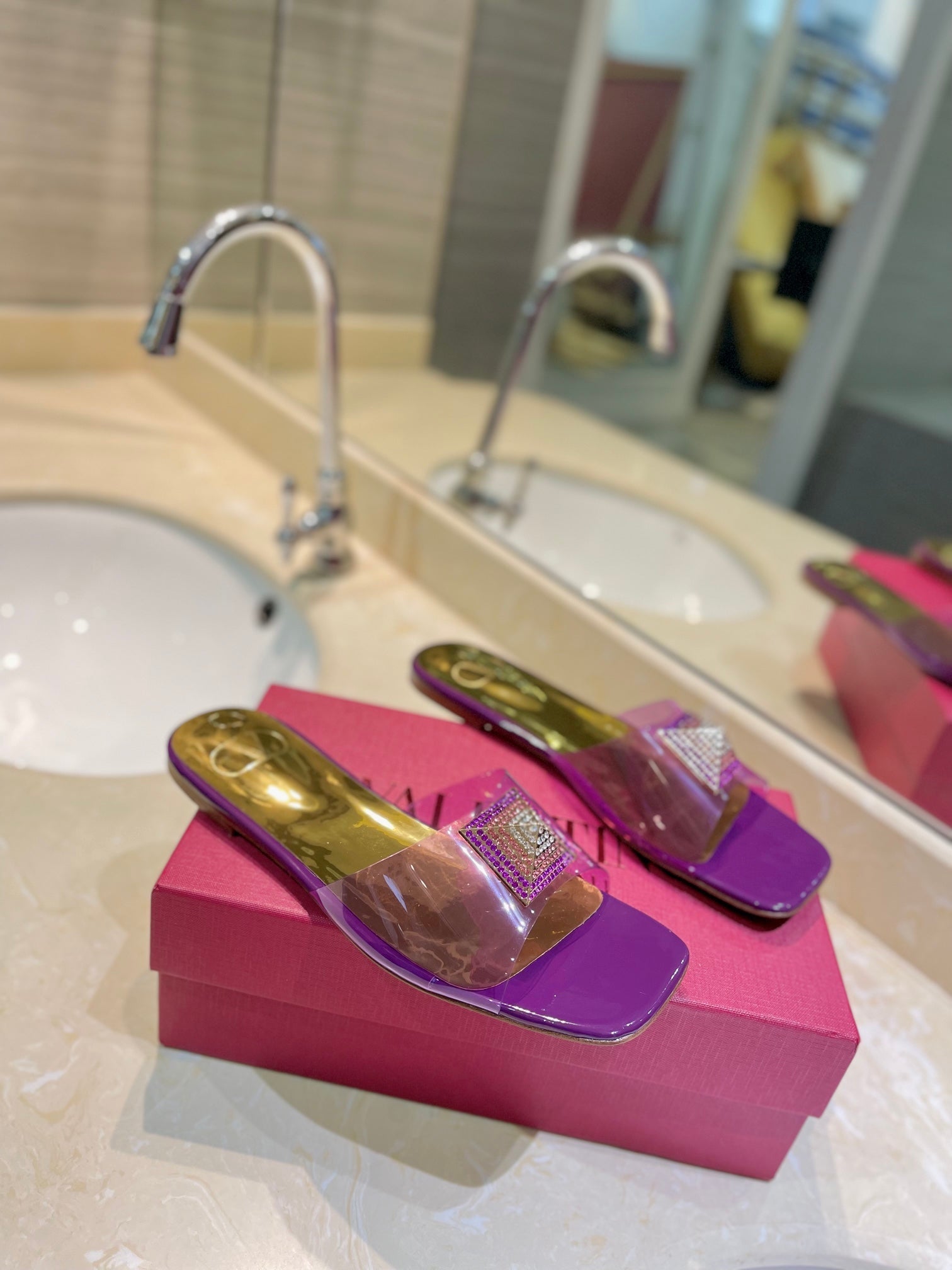 VALENTINO 26S FLAT SLIDES IN PURPLE MIX GOLD LAMBSKIN WITH CRYSTAL