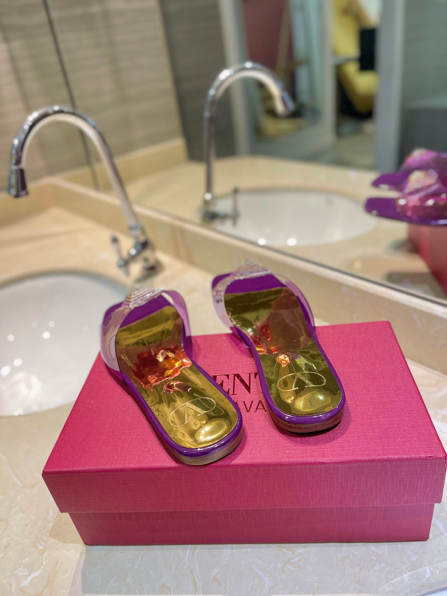 VALENTINO 26S FLAT SLIDES IN PURPLE MIX GOLD LAMBSKIN WITH CRYSTAL