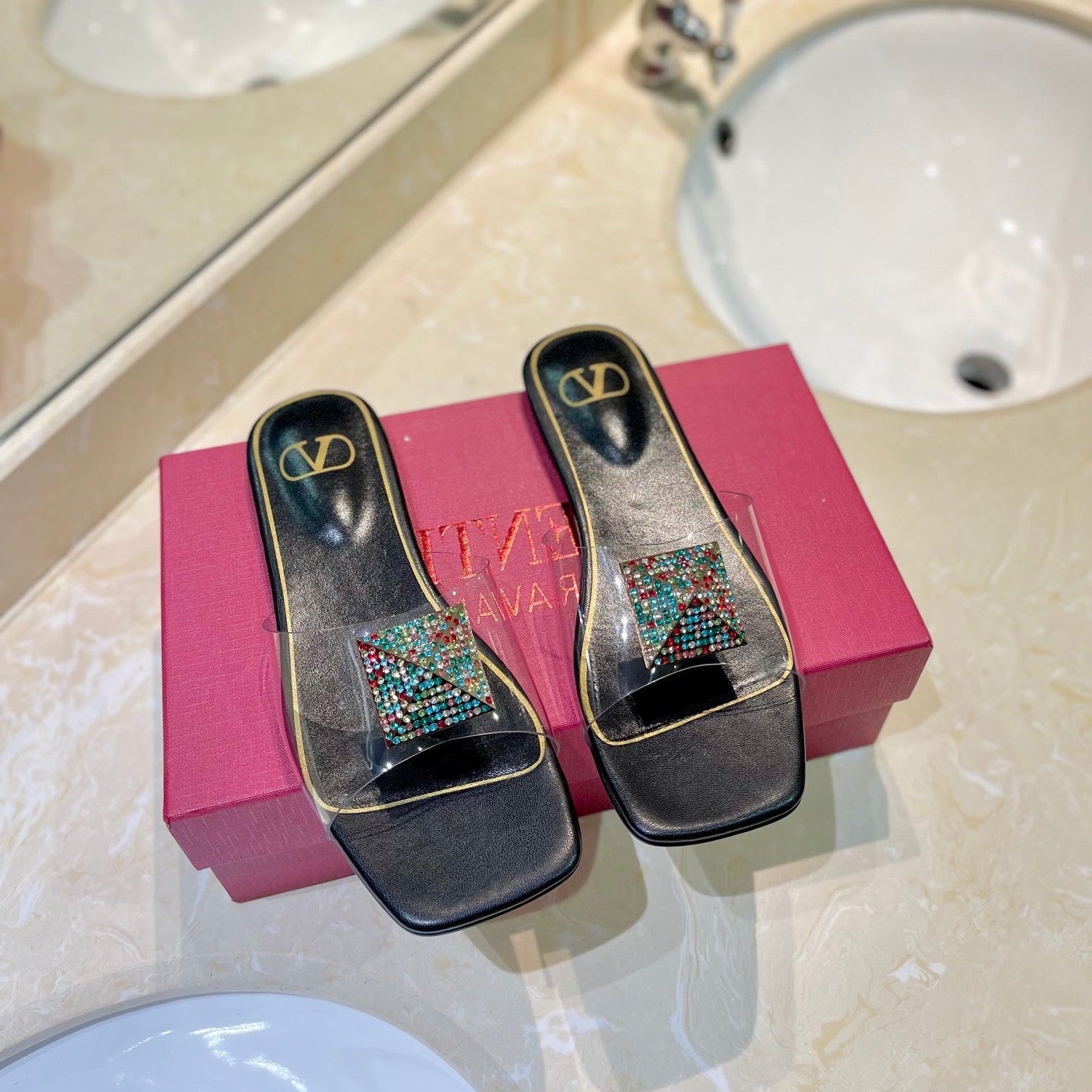 VALENTINO 26S FLAT SLIDES IN BLACK LAMBSKIN WITH CRYSTAL STYLE 2