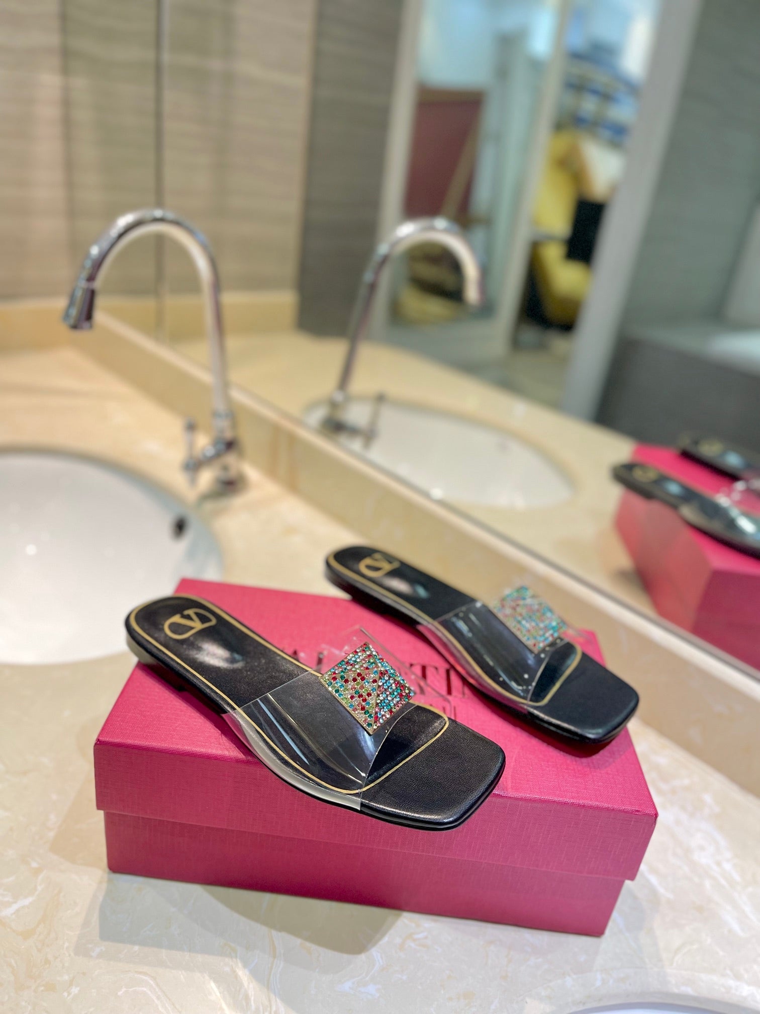 VALENTINO 26S FLAT SLIDES IN BLACK LAMBSKIN WITH CRYSTAL STYLE 2