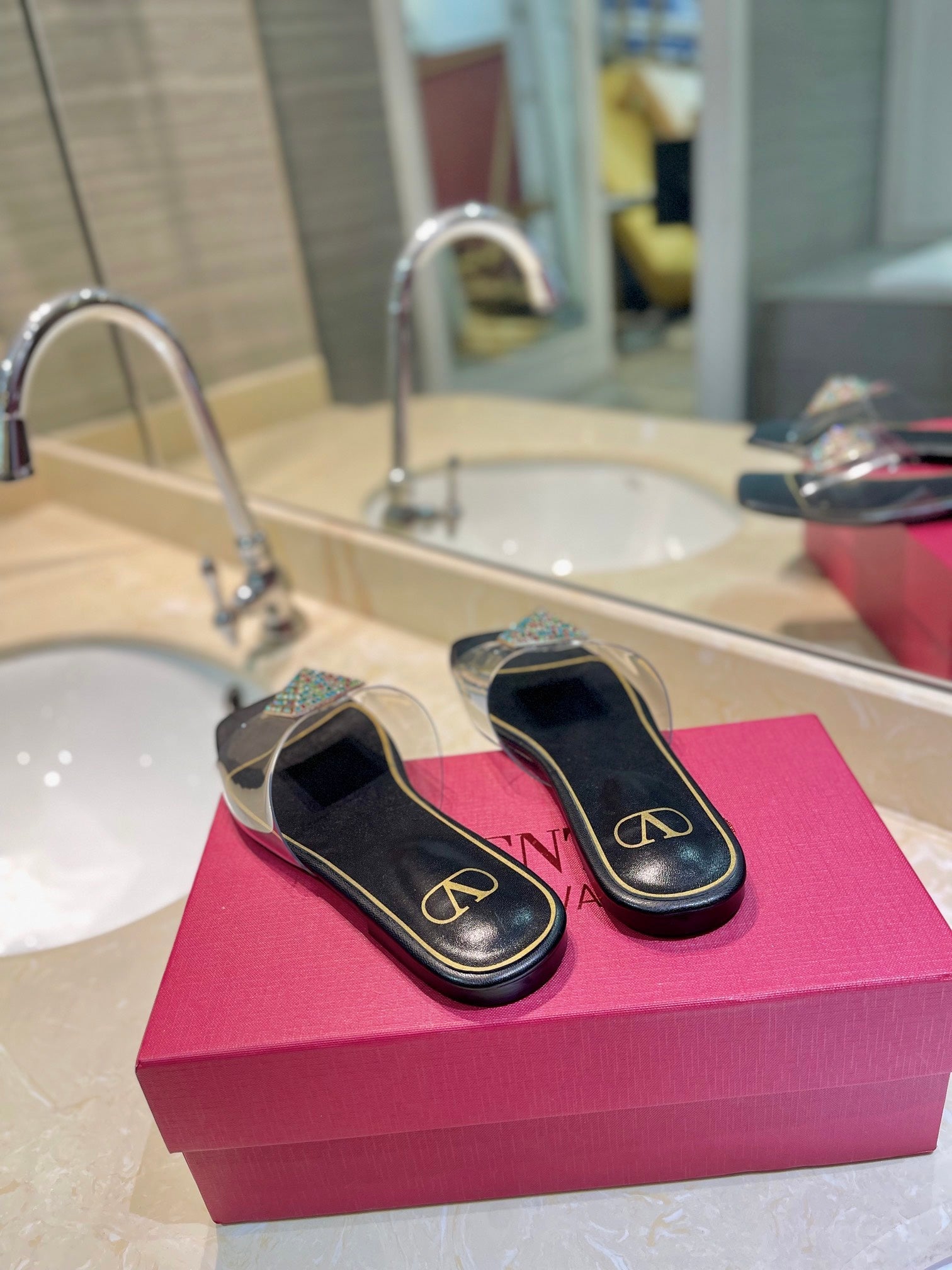 VALENTINO 26S FLAT SLIDES IN BLACK LAMBSKIN WITH CRYSTAL STYLE 2