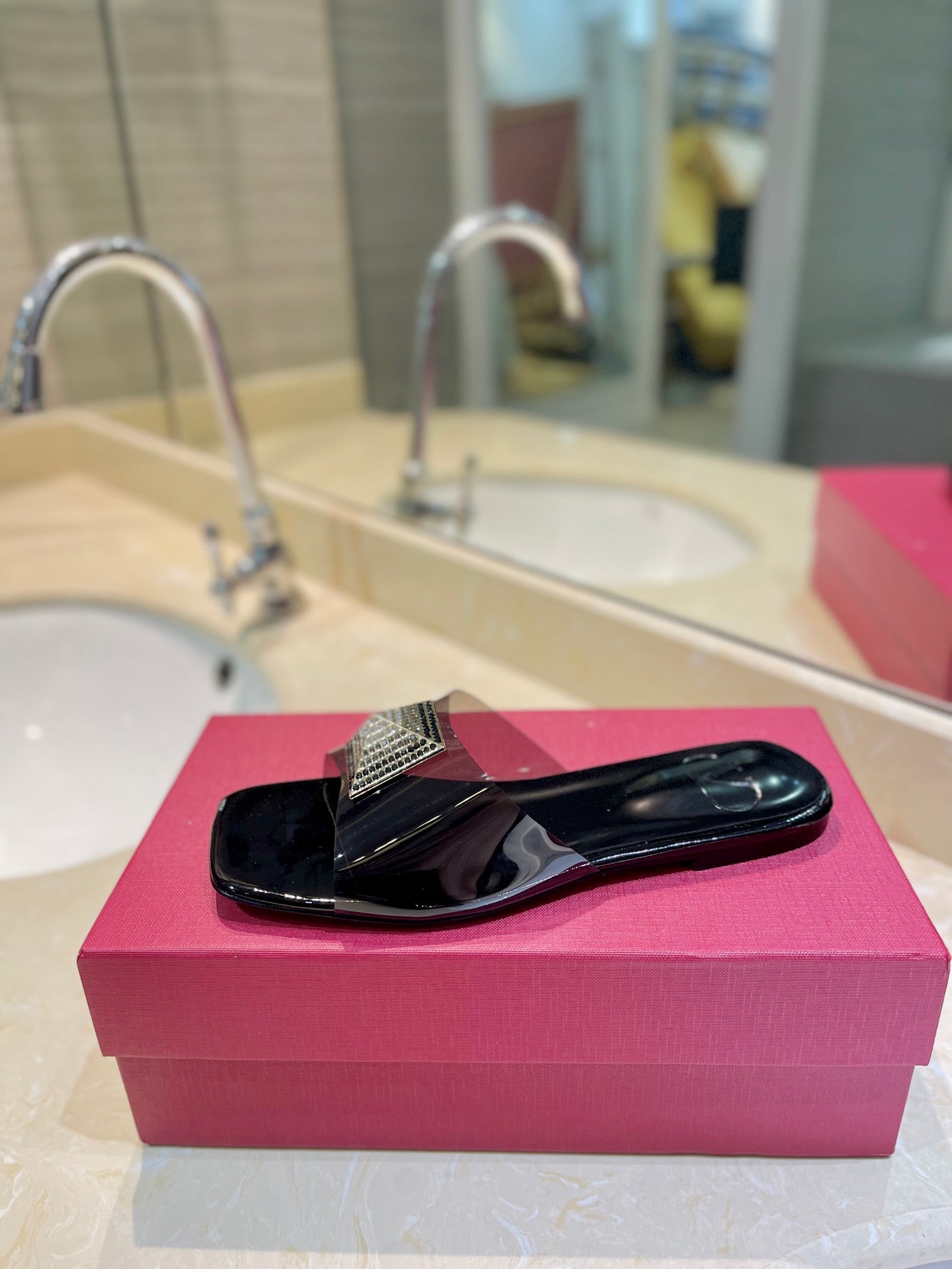 VALENTINO 26S FLAT SLIDES IN BLACK LAMBSKIN WITH CRYSTAL STYLE 1