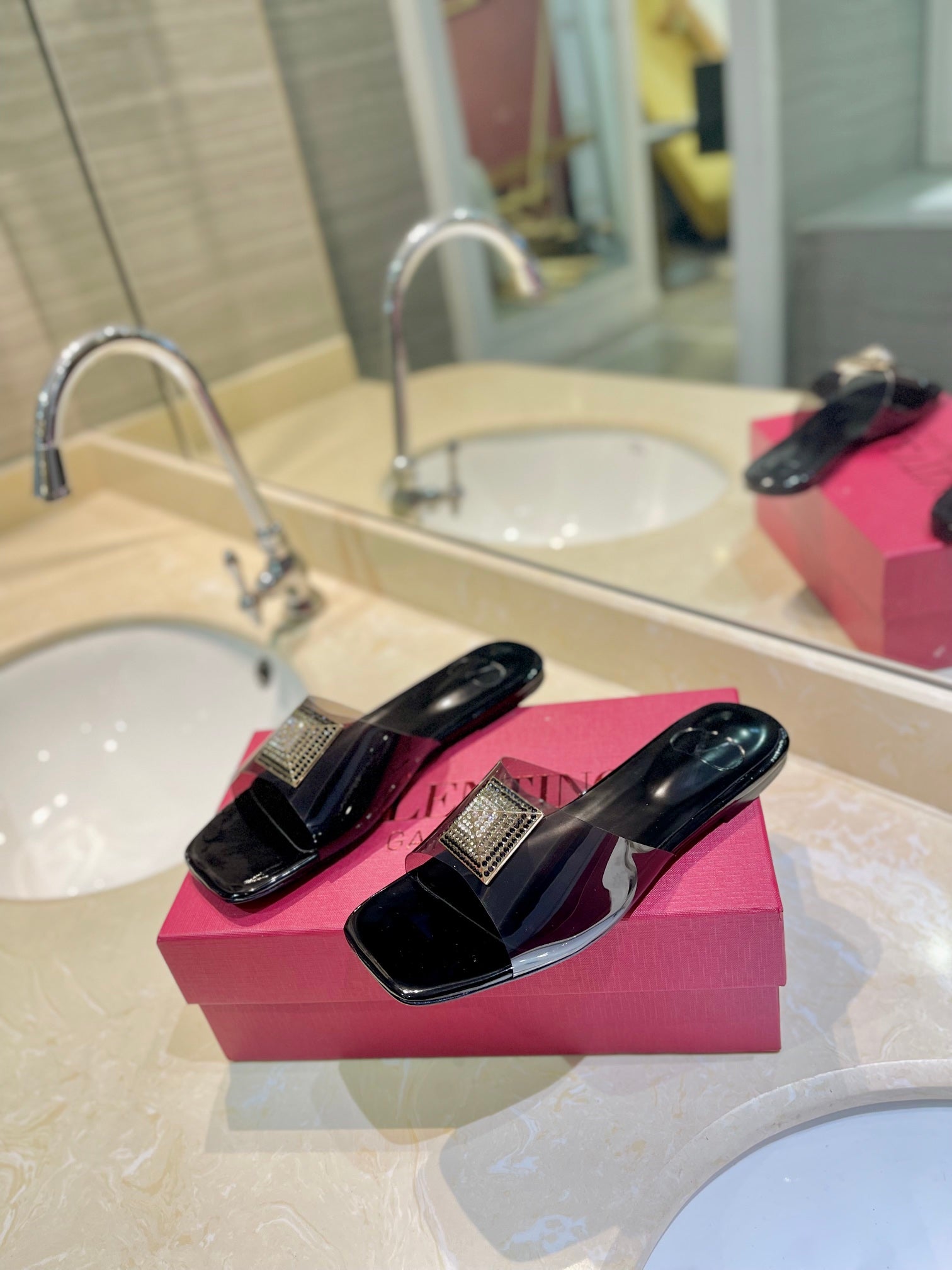 VALENTINO 26S FLAT SLIDES IN BLACK LAMBSKIN WITH CRYSTAL STYLE 1