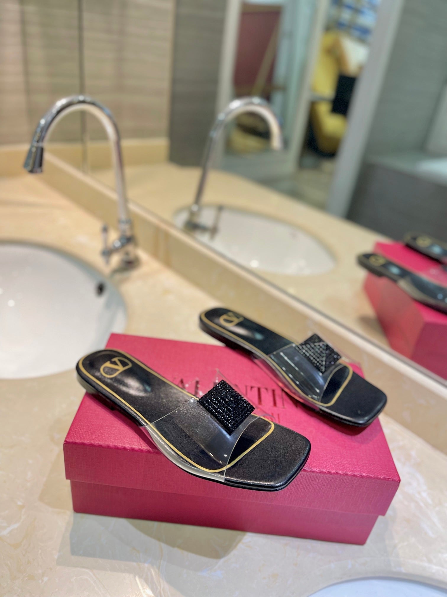 VALENTINO 26S FLAT SLIDES IN BLACK LAMBSKIN WITH CRYSTAL