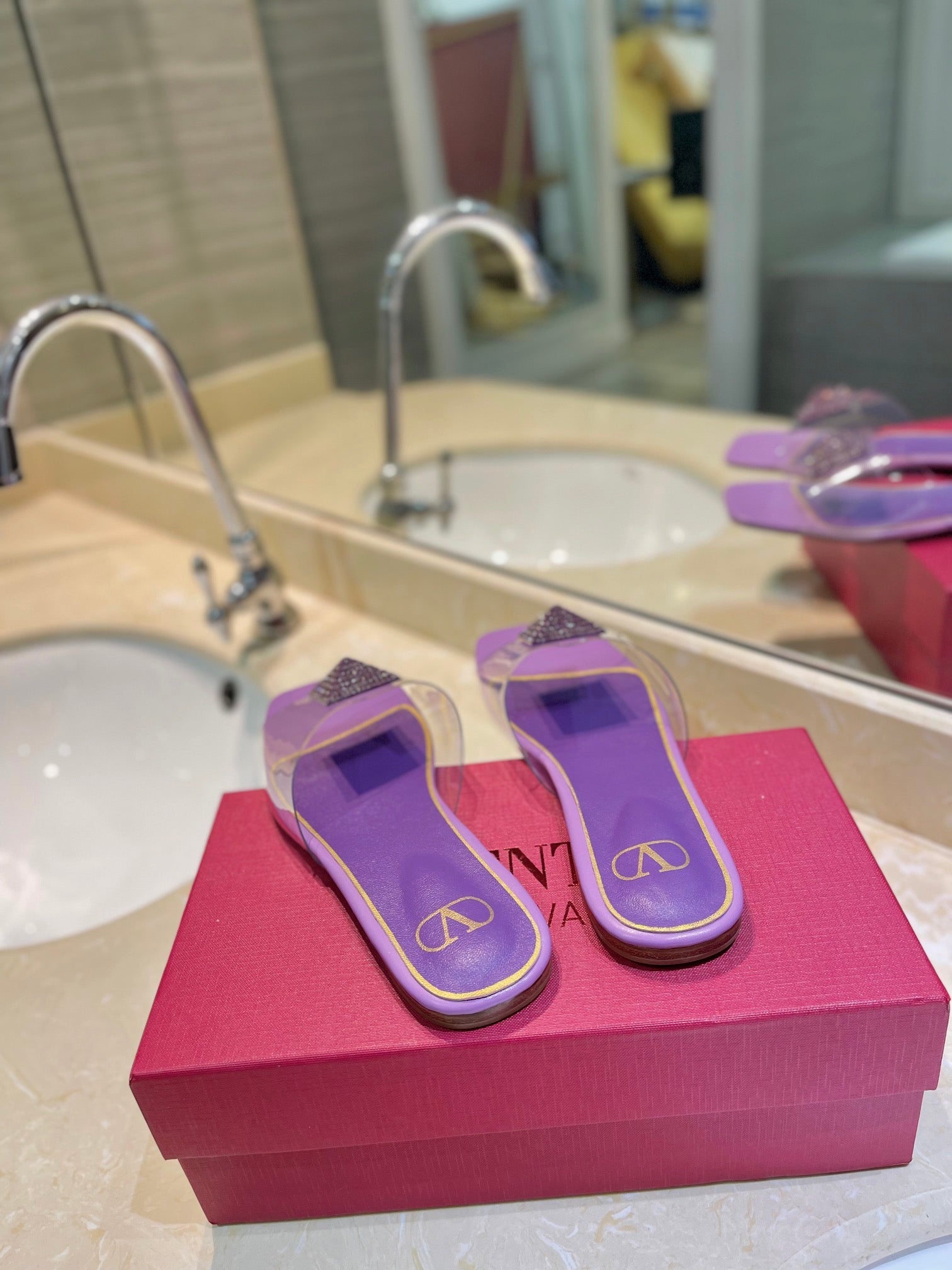 VALENTINO 26S FLAT SLIDES IN PURPLE LAMBSKIN WITH CRYSTAL