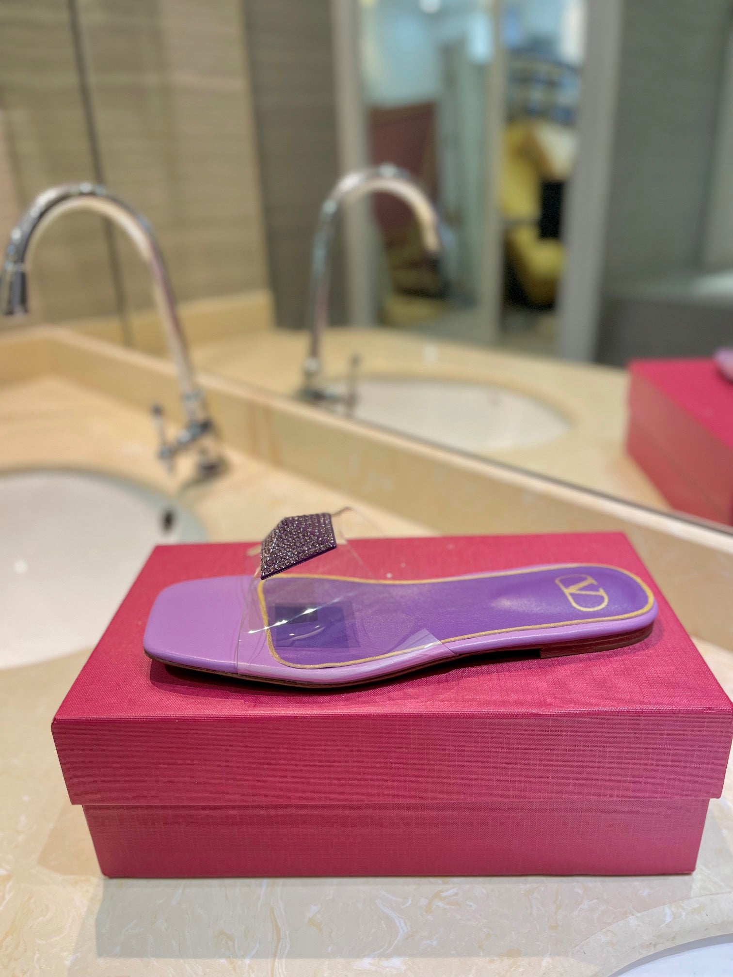 VALENTINO 26S FLAT SLIDES IN PURPLE LAMBSKIN WITH CRYSTAL
