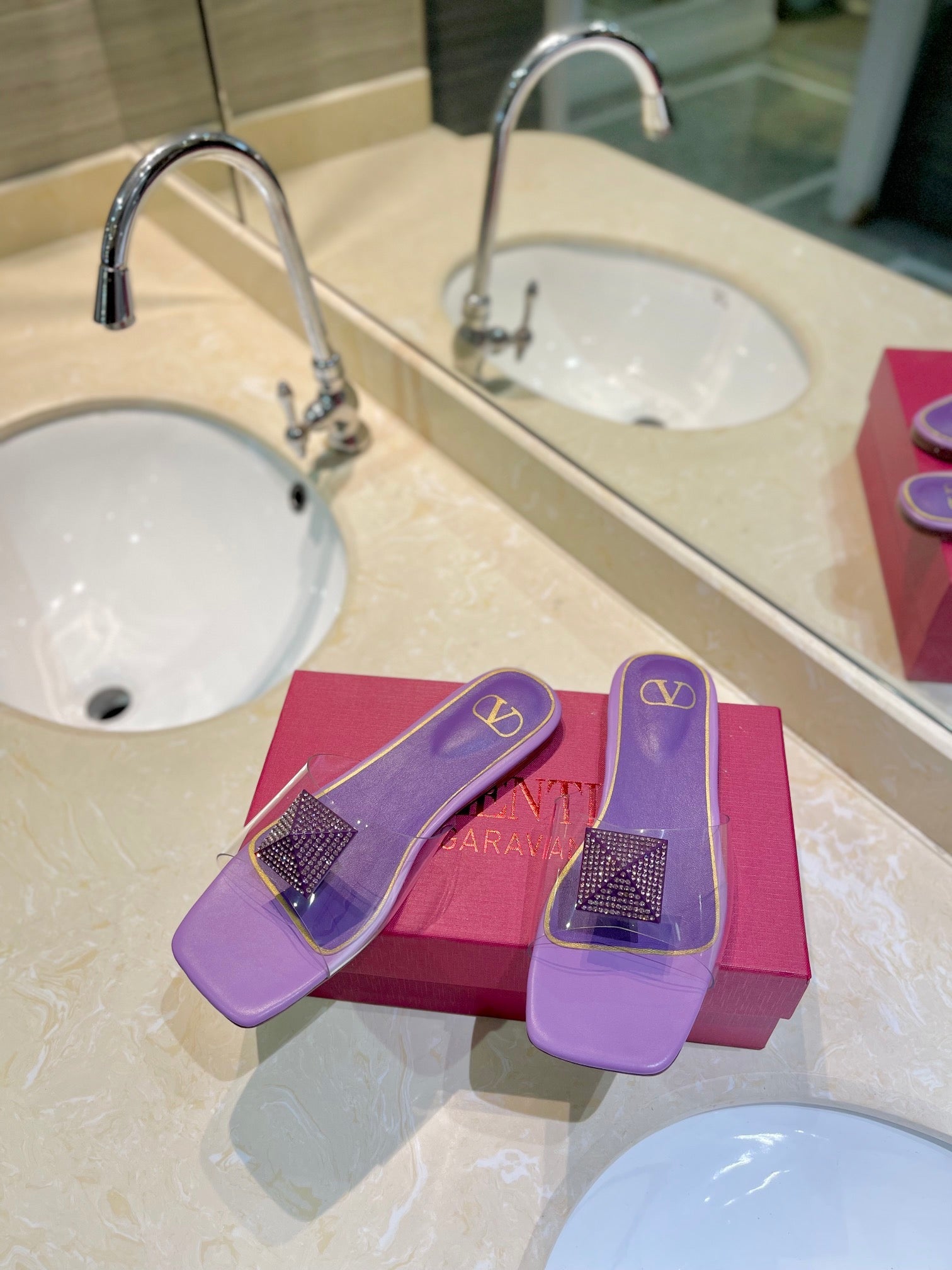 VALENTINO 26S FLAT SLIDES IN PURPLE LAMBSKIN WITH CRYSTAL