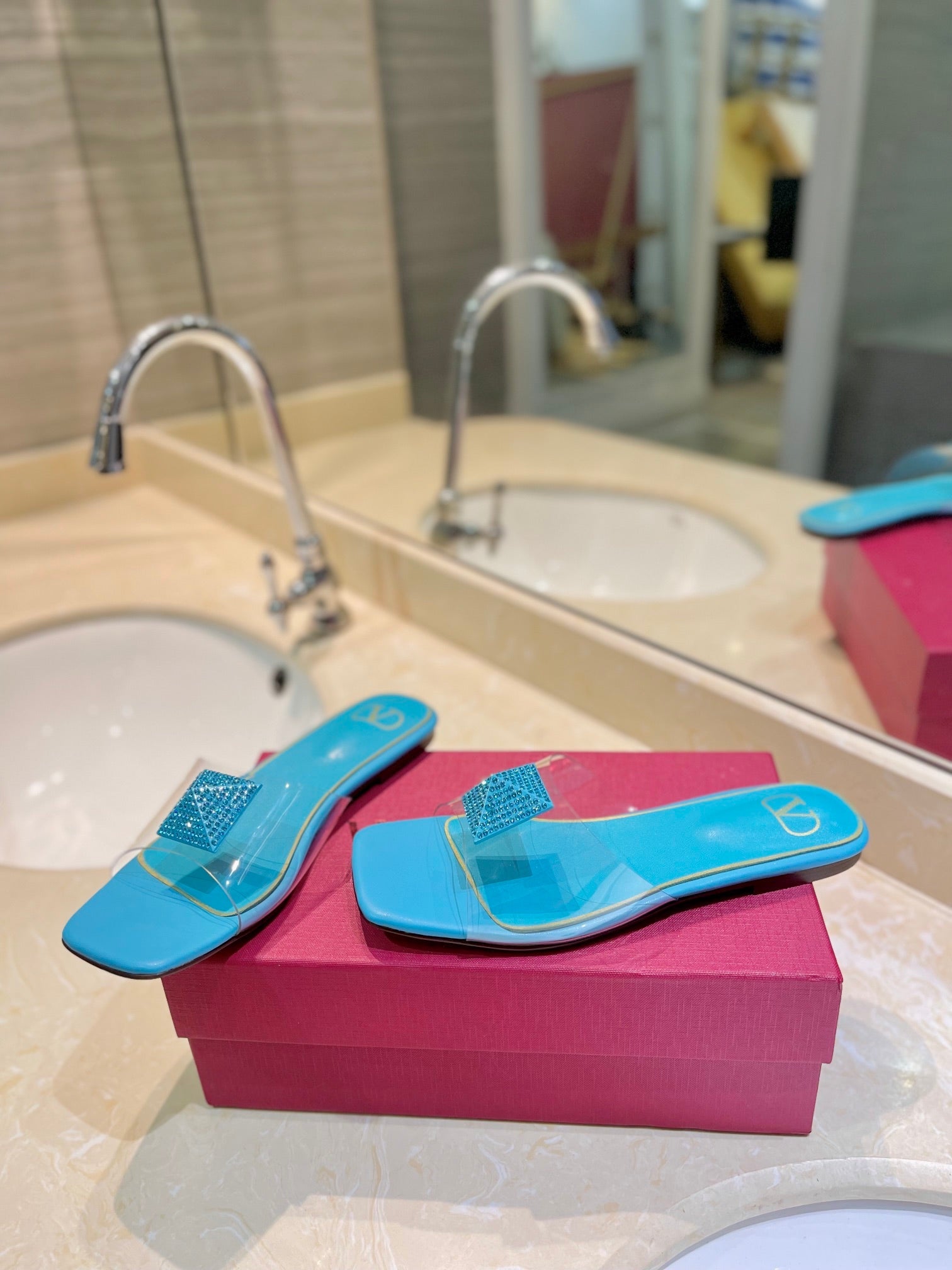 VALENTINO 26S FLAT SLIDES IN LIGHT BLUE LAMBSKIN WITH CRYSTAL