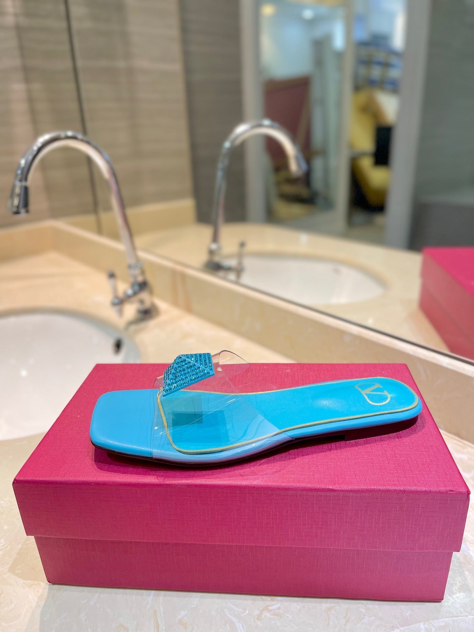 VALENTINO 26S FLAT SLIDES IN LIGHT BLUE LAMBSKIN WITH CRYSTAL