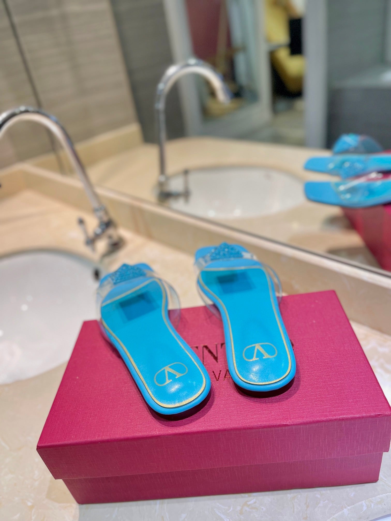 VALENTINO 26S FLAT SLIDES IN LIGHT BLUE LAMBSKIN WITH CRYSTAL