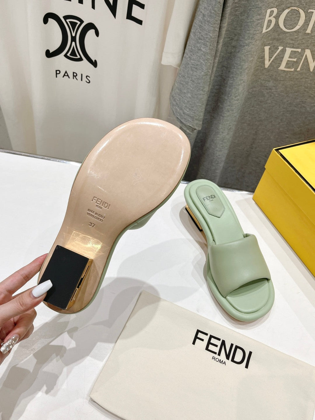 FENDI BAGUETTE MEDIUM-HEEL SANDALS 45 MM IN GREEN MINT CALFSKIN