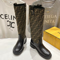 FENDI 25S HIGH BOOTS IN BLACK COWHIDE AND BROWN CANVAS LOGO EMBOSSING