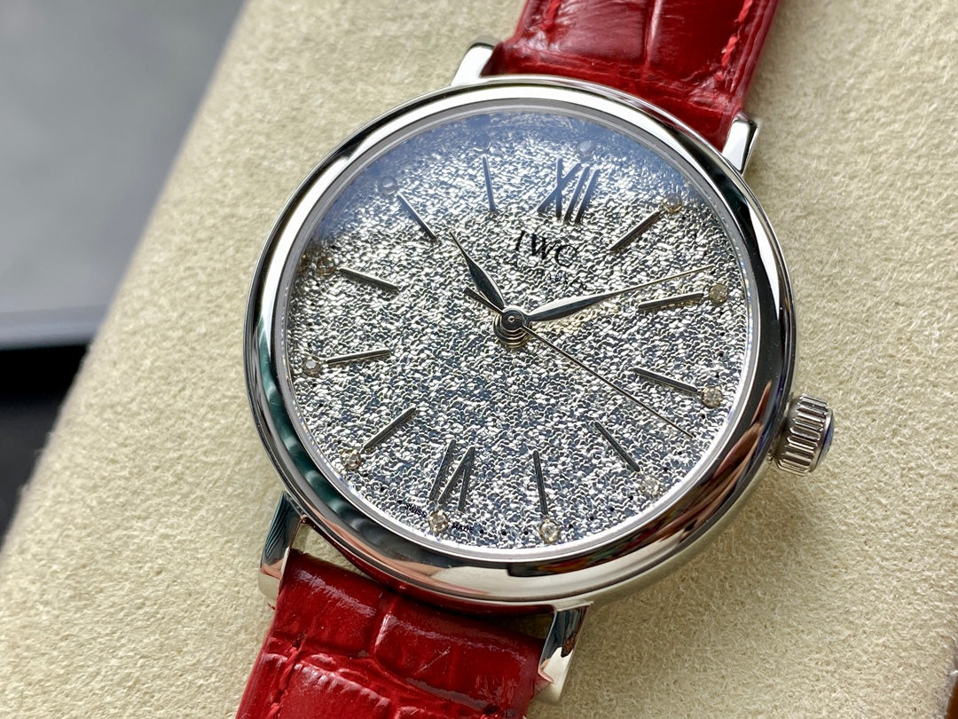 PORTOFINO AUTOMATIC 34 WATCH SILVER CASE WITH RUBY RED LEATHER STRAP