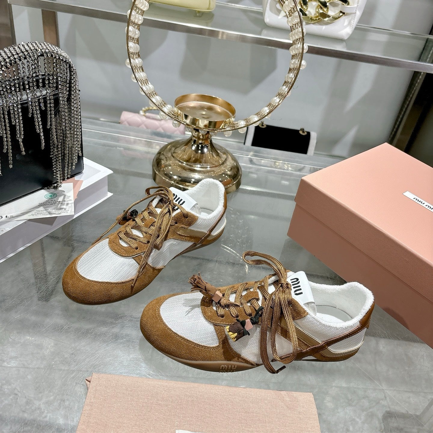 MIUMIU 26S LACE UP SNEAKERS IN BROWN SUEDE WHITE FABRIC CHARM DETAIL