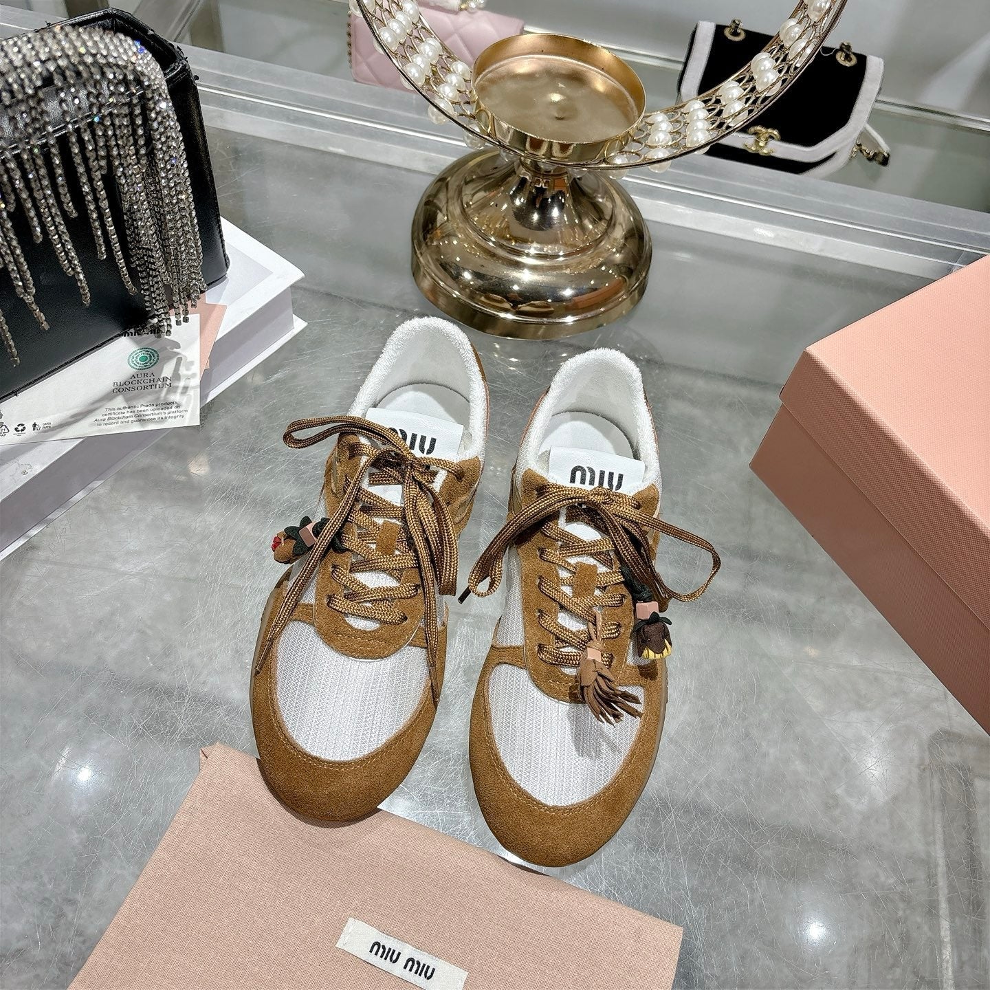 MIUMIU 26S LACE UP SNEAKERS IN BROWN SUEDE WHITE FABRIC CHARM DETAIL