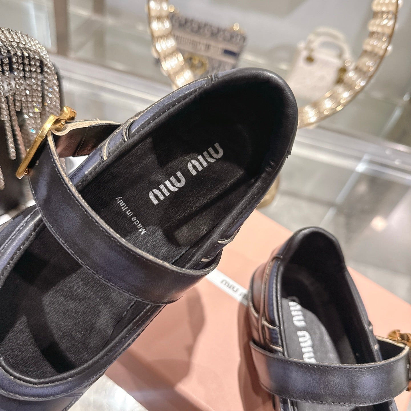 MIUMIU 26S MARY JANE FLATS IN BLACK CALFSKIN GOLD BUCKLE