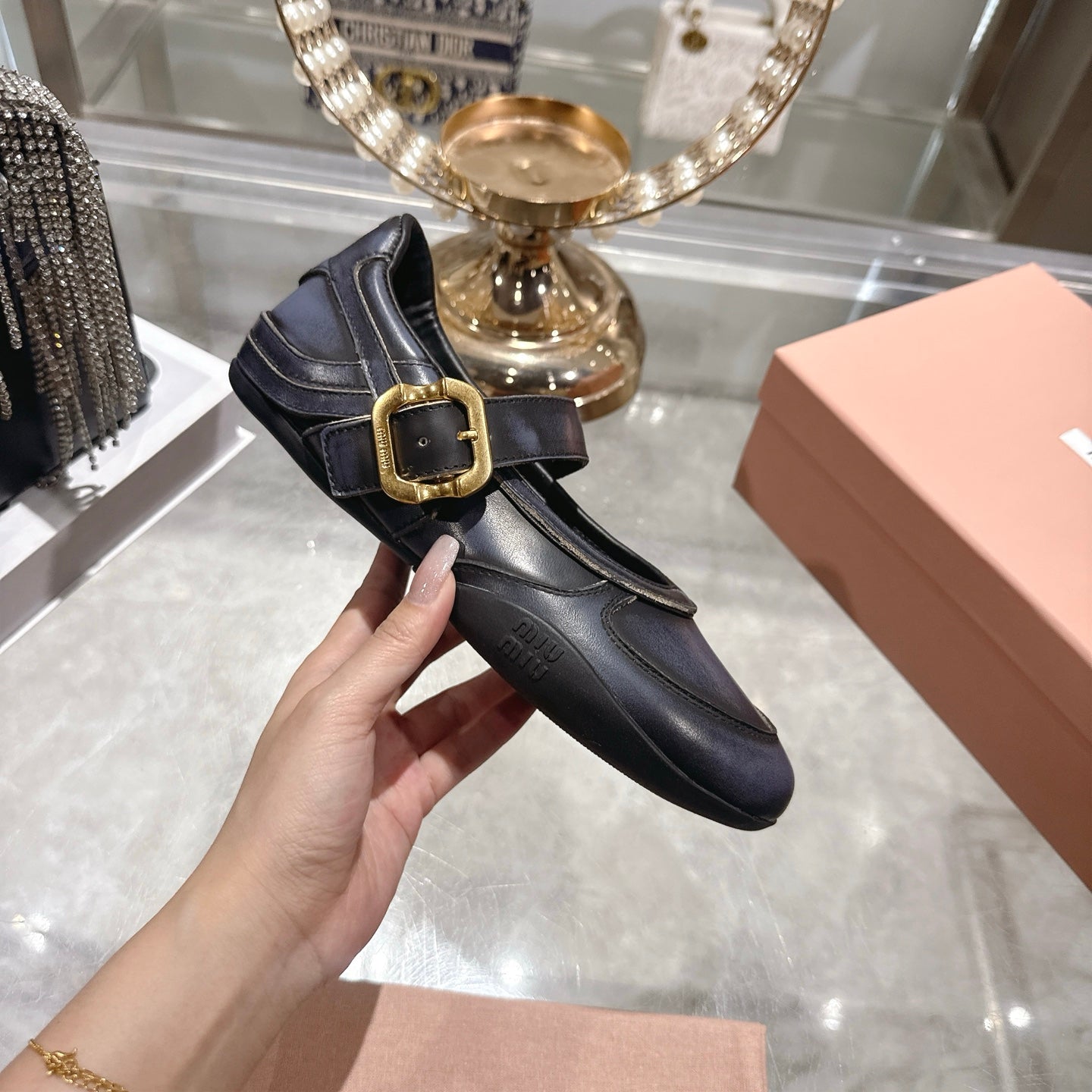 MIUMIU 26S MARY JANE FLATS IN BLACK CALFSKIN GOLD BUCKLE