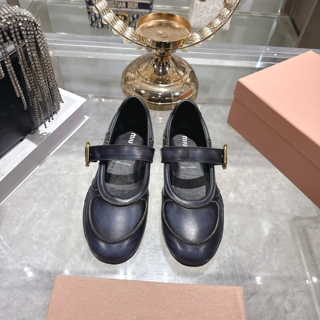 MIUMIU 26S MARY JANE FLATS IN BLACK CALFSKIN GOLD BUCKLE