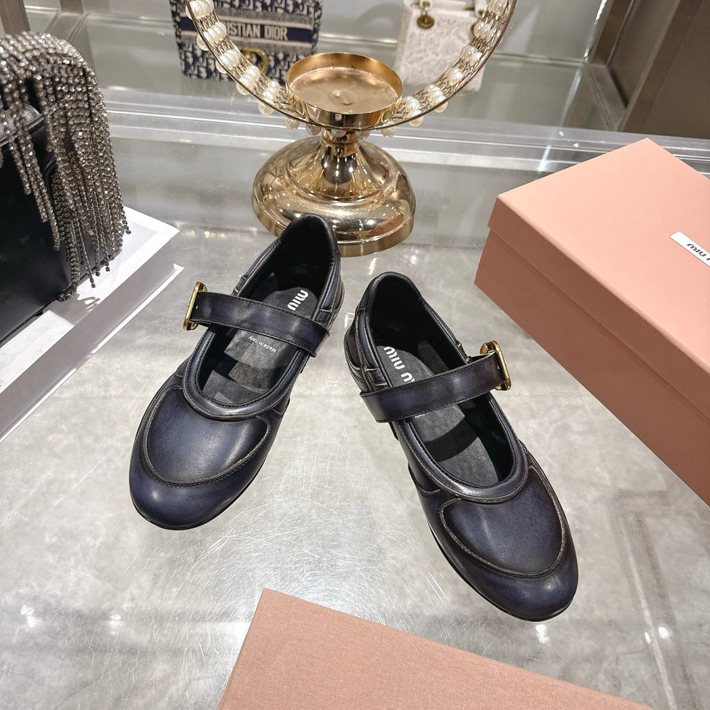 MIUMIU 26S MARY JANE FLATS IN BLACK CALFSKIN GOLD BUCKLE