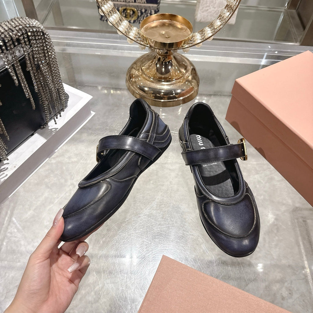 MIUMIU 26S MARY JANE FLATS IN BLACK CALFSKIN GOLD BUCKLE