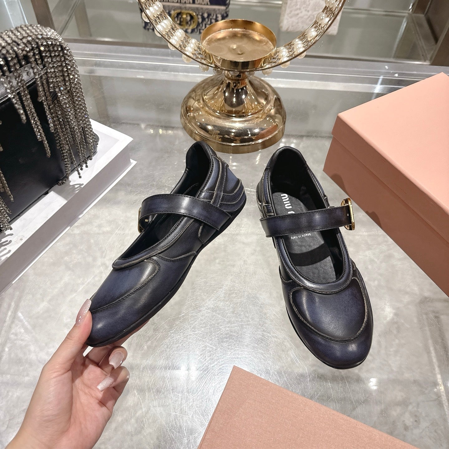 MIUMIU 26S MARY JANE FLATS IN BLACK CALFSKIN GOLD BUCKLE