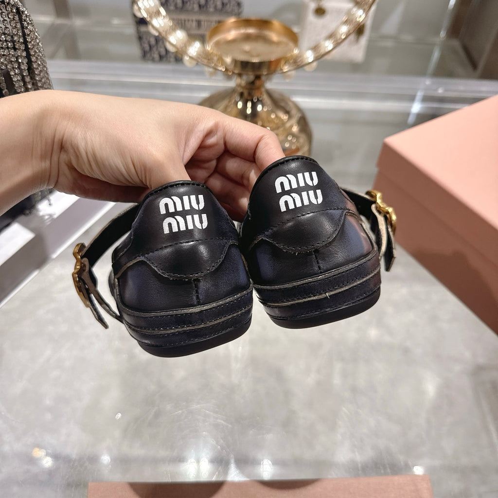MIUMIU 26S MARY JANE FLATS IN BLACK CALFSKIN GOLD BUCKLE