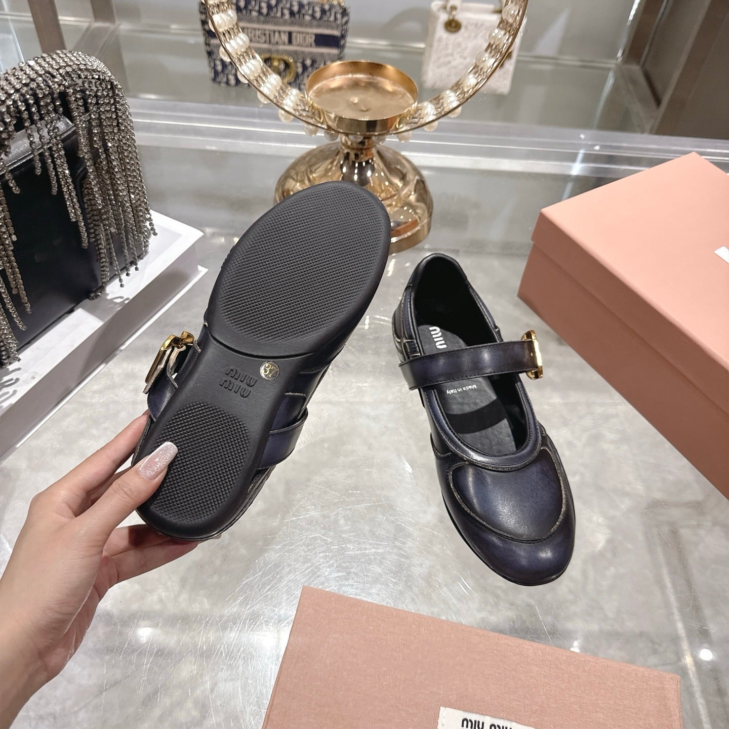 MIUMIU 26S MARY JANE FLATS IN BLACK CALFSKIN GOLD BUCKLE