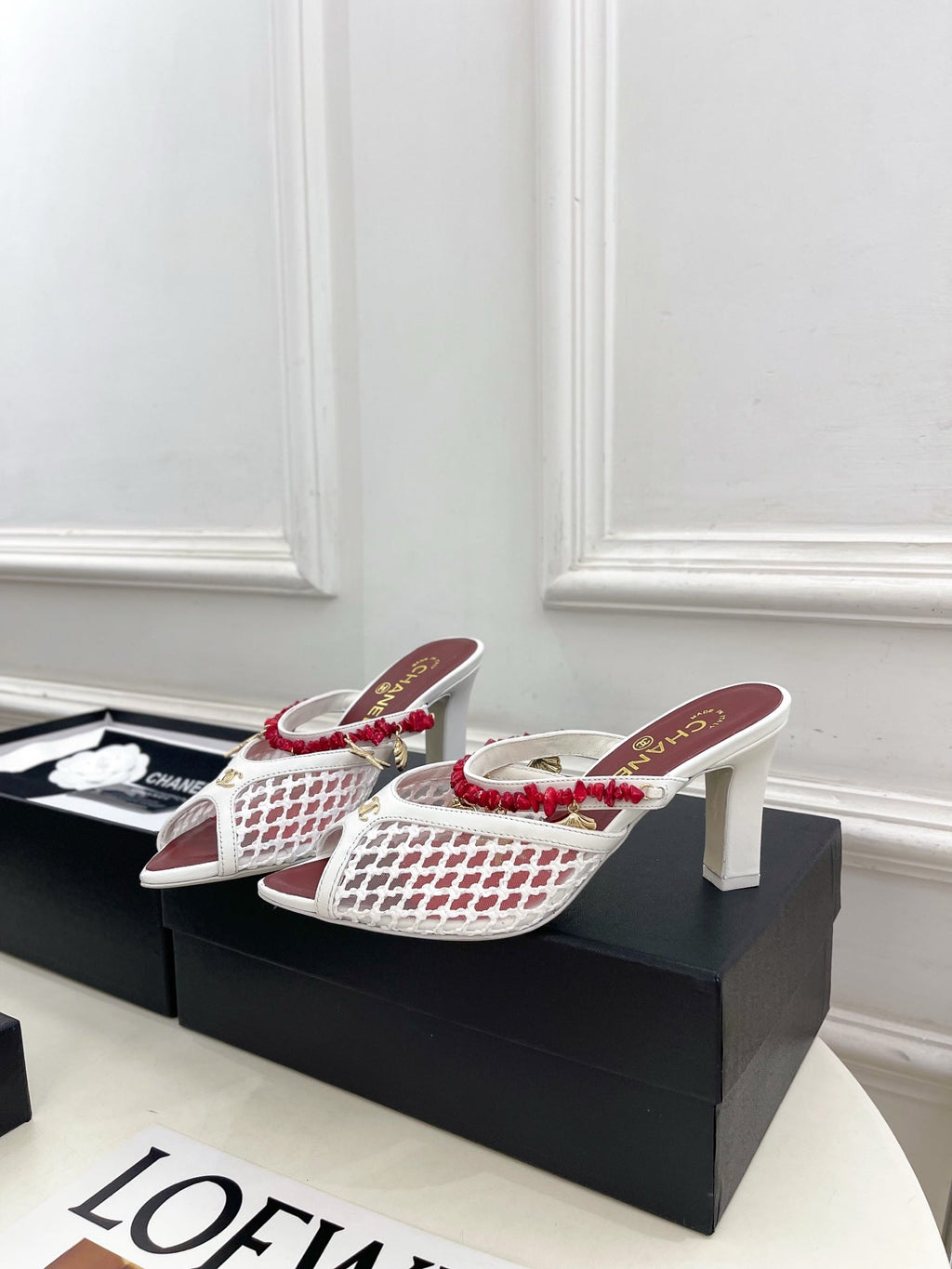 CHANEL 26S STARFISH EMBELLISHED MULE IN WHITE RED LEATHER & MESH