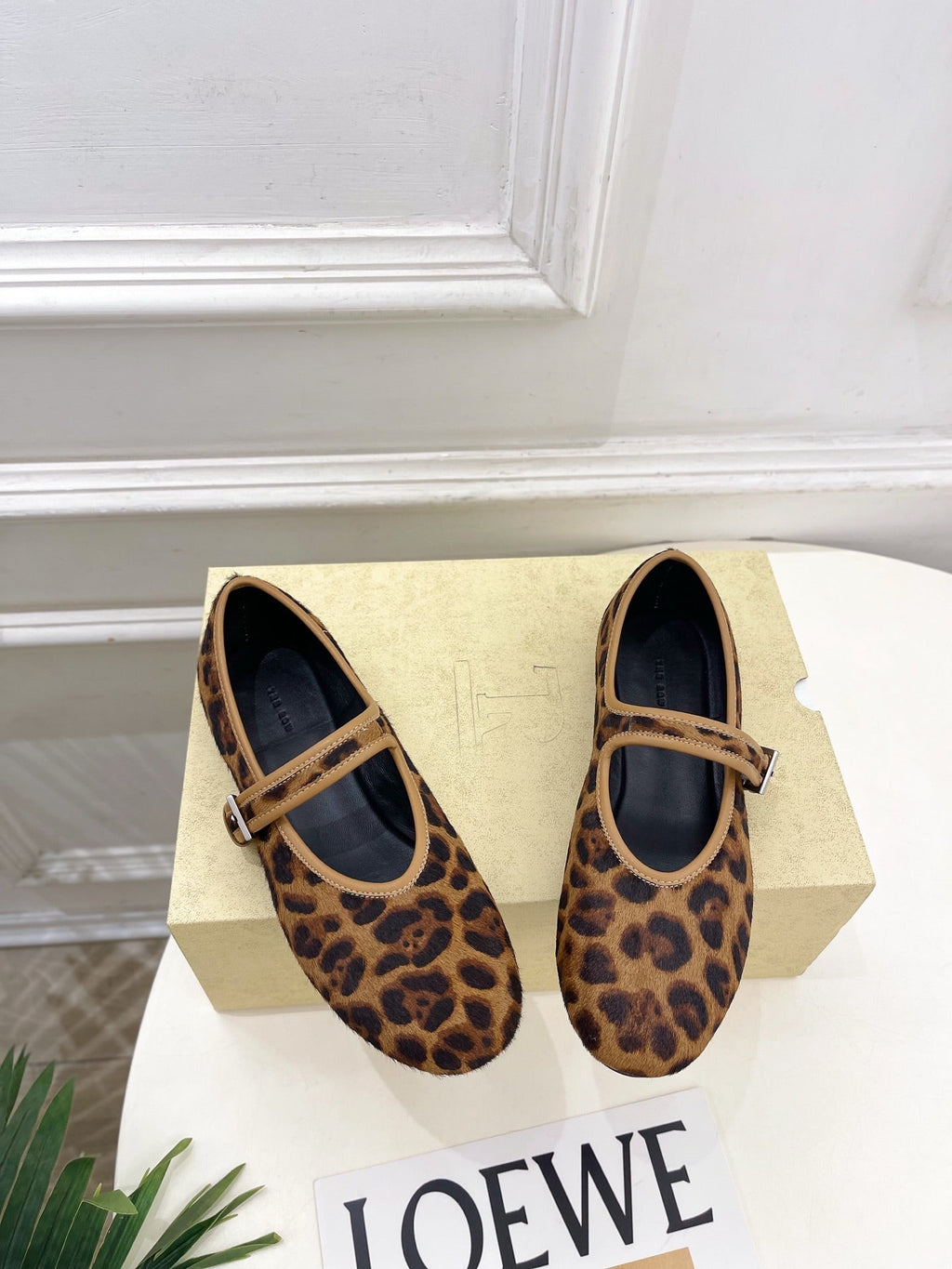 THE ROW 26S ROUND TOE MARY JANE FLATS IN BROWN LEOPARD CALF HAIR